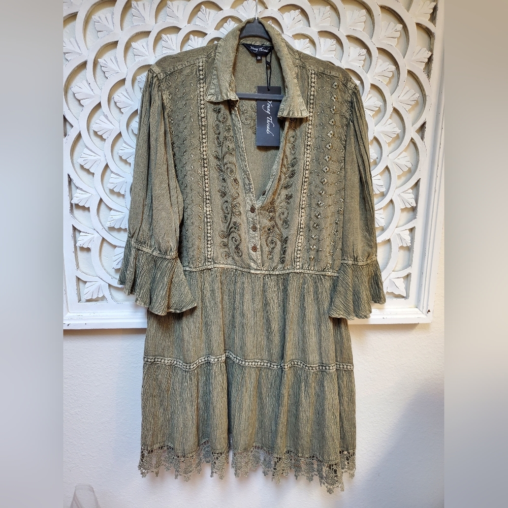 Young Threads Olive Wash Flowy Mini Dress Size 2X (See Measurements)